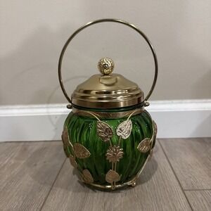 Vintage Ribbed‎ Emerald Green Glass Candy Biscuit Trinket Jar Made in Japan